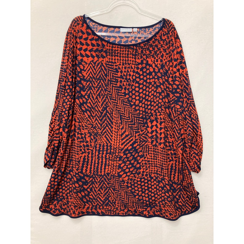 Susan Graver Liquid Knit Top 3X Orange Navy Blue Abstract Ruched Sleeve Tunic